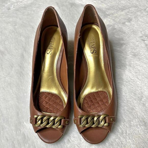 IOB Chaps Pamona Open Toe Slip On Wedges Tan Women’s 6.5B - Picture 2 of 11